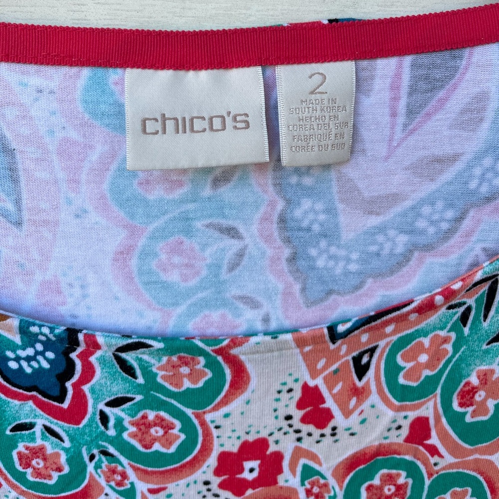 Chico’s 2 Large Top Stretch Soft 3/4 Sleeve Tunic Swing Tee Comfort Colorful - Picture 2 of 5